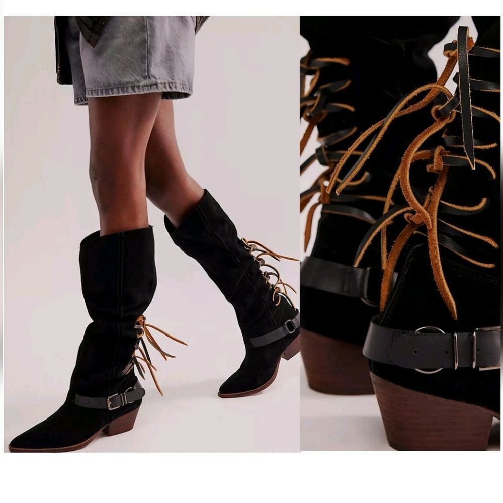 Free People Black Suede Lace-Up Mid-Calf Boots with Tan Laces